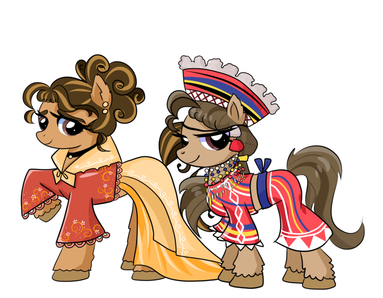 Size: 4000x3111 | Tagged: safe, artist:windywendy29, derpibooru import, oc, oc:maria reyes, oc:reyna (filipino), unofficial characters only, earth pony, pony, belt, choker, clothes, derpibooru exclusive, dress, ear piercing, earring, female, filipino, hat, image, jewelry, mare, midriff, necklace, philippines, piercing, png, raised hoof, shirt, simple background, skirt, solo, transparent background, unshorn fetlocks