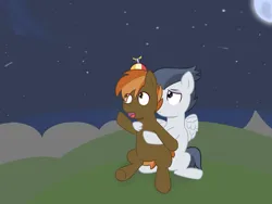 Size: 1600x1200 | Tagged: safe, artist:wanda, derpibooru import, button mash, rumble, earth pony, pegasus, pony, colt, foal, g4, gay, hug, hug from behind, image, male, moon, png, ship:rumblemash, shipping, stargazing, stars