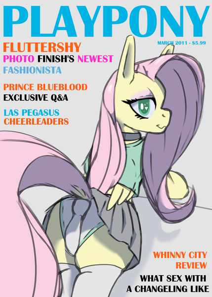 Size: 1438x2012 | Tagged: questionable, artist:mare_enjoyer, derpibooru import, part of a set, fluttershy, pegasus, pony, clothes, g4, image, panties, playboy, playpony, png, presenting, skirt, solo, underwear, upskirt