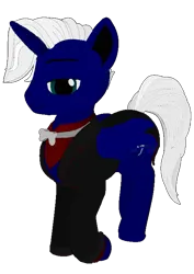 Size: 517x732 | Tagged: safe, artist:nobody number 2, derpibooru import, oc, oc:regal thunder, unofficial characters only, alicorn, pony, derpibooru community collaboration, 2024 community collab, blue pony, bowtie, clothes, horn, image, lidded eyes, male, png, solo, suit, tail, white mane, white tail, wings