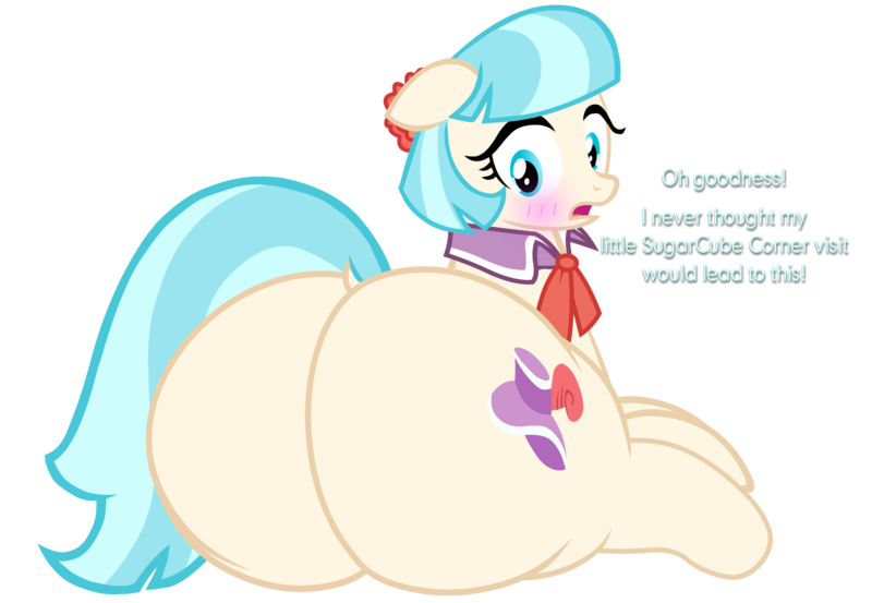 Size: 4430x3062 | Tagged: suggestive, artist:duskyzombie, derpibooru import, coco pommel, earth pony, pony, absurd resolution, blushing, butt, dialogue, dock, fat, female, g4, hatbutt, image, implied weight gain, large butt, looking back, lying down, mare, open mouth, plot, png, simple background, sitting, solo, solo female, surprised, tail, the ass was fat, thick, transparent background, vector, wide hips