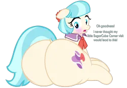 Size: 4430x3062 | Tagged: suggestive, artist:duskyzombie, derpibooru import, coco pommel, earth pony, pony, absurd resolution, blushing, butt, dialogue, dock, fat, female, g4, hatbutt, image, implied weight gain, large butt, looking back, lying down, mare, open mouth, plot, png, simple background, sitting, solo, solo female, surprised, tail, the ass was fat, thick, transparent background, vector, wide hips