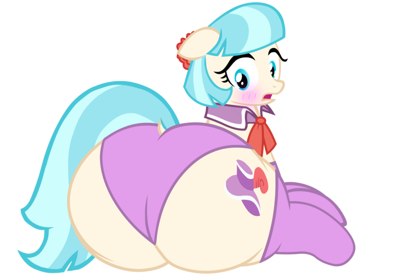 Size: 4430x3062 | Tagged: suggestive, alternate version, artist:duskyzombie, derpibooru import, coco pommel, earth pony, pony, absurd resolution, blushing, butt, clothes, dialogue, dock, fat, female, g4, hatbutt, image, large butt, looking back, lying down, mare, open mouth, plot, png, simple background, sitting, socks, solo, solo female, surprised, tail, the ass was fat, thick, transparent background, underwear, vector, wide hips