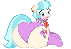 Size: 4430x3062 | Tagged: suggestive, alternate version, artist:duskyzombie, derpibooru import, coco pommel, earth pony, pony, absurd resolution, blushing, butt, clothes, dialogue, dock, fat, female, g4, hatbutt, image, large butt, looking back, lying down, mare, open mouth, plot, png, simple background, sitting, socks, solo, solo female, surprised, tail, the ass was fat, thick, transparent background, underwear, vector, wide hips