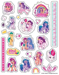 Size: 1393x1769 | Tagged: safe, derpibooru import, official, hitch trailblazer, izzy moonbow, pipp petals, sunny starscout, zipp storm, earth pony, pegasus, unicorn, g5, my little pony: a new generation, 2d, crown, cutie mark, flying, gemstones, hug, image, jewelry, jpeg, looking at you, merchandise, rainbow, raised hoof, regalia, slogan, smiling, smiling at you, sparkles, stars, sticker, tattoo, vector