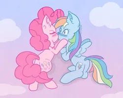 Size: 2500x2000 | Tagged: safe, artist:bubblegooey, derpibooru import, pinkie pie, rainbow dash, earth pony, pegasus, blushing, cloud, cute, diapinkes, ear fluff, embarrassed, eyes closed, female, gradient background, high res, hooves on cheeks, image, kiss on the lips, kissing, lesbian, lidded eyes, lying down, multicolored hair, pink mane, pinkiedash, png, prone, rainbow hair, shipping, spread wings, wings