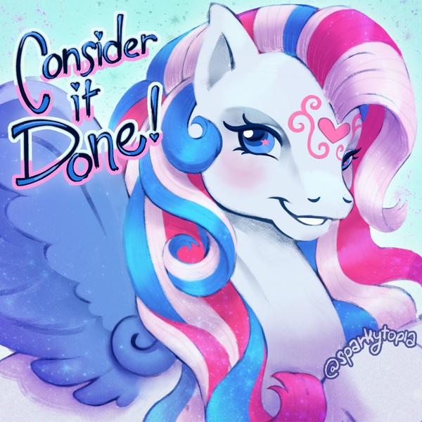 Size: 2400x2400 | Tagged: safe, artist:sparkytopia, derpibooru import, star catcher, pegasus, pony, g3, catchphrase, close-up, facial markings, female, image, looking at you, mare, painting, png, simple background, smiling, solo, text, wingding eyes
