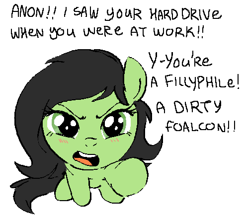 Size: 493x441 | Tagged: safe, artist:myra, derpibooru import, oc, oc:anonfilly, unofficial characters only, pony, accusation, angry, black hair, blushing, dialogue, female, filly, green eyes, image, looking at you, png, pointing, pointing at you, simple background, sitting, solo, talking to viewer, text, white background, yelling