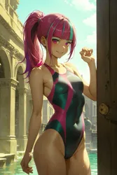 Size: 1024x1536 | Tagged: suggestive, ai content, derpibooru import, editor:sammykun, machine learning generated, sour sweet, equestria girls, bangs, belly button, breasts, clothes, column, detailed, female, freckles, generator:yodayo, image, jpeg, leaning on wall, lighting, long hair, looking at you, one-piece swimsuit, ponytail, prompter:sammykun, sexy, shadow, sky, small breasts, smiling, solo, stupid sexy sour sweet, swimsuit, teeth, temple, thighs, tight clothing, tight fit, water, wet, wide hips