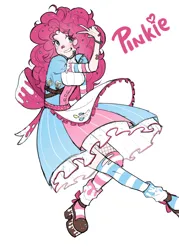 Size: 1968x2755 | Tagged: safe, artist:inuukit, derpibooru import, pinkie pie, human, bandaid, bandaid on nose, clothes, dress, eye clipping through hair, eyebrows, eyebrows visible through hair, female, g4, humanized, image, knee high socks, peace sign, png, simple background, smiling, socks, solo, striped socks, victory sign, white background
