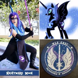 Size: 1080x1080 | Tagged: safe, artist:mlpjedi, derpibooru import, nightmare moon, alicorn, human, pony, boots, clothes, cosplay, costume, g4, image, irl, irl human, jedi, jpeg, lightsaber, photo, shoes, solo, star wars, weapon