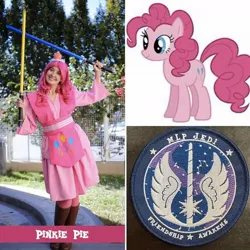 Size: 1080x1080 | Tagged: safe, artist:mlpjedi, derpibooru import, pinkie pie, earth pony, human, pony, boots, clothes, cosplay, costume, g4, image, irl, irl human, jedi, jpeg, lightsaber, photo, shoes, solo, star wars, weapon
