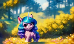 Size: 5120x3072 | Tagged: safe, ai content, derpibooru import, machine learning generated, prompter:kluknawa235, stable diffusion, izzy moonbow, unicorn, g5, chest fluff, ear fluff, flower, generator:pony diffusion v6 xl, generator:purplesmart.ai, horn, image, jpeg, smiling, tree, younger