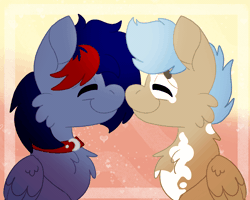Size: 2500x2000 | Tagged: safe, artist:euspuche, derpibooru import, oc, oc:dawn chaser, oc:onyx, unofficial characters only, pegasus, pony, abstract background, animated, cheek fluff, chest fluff, coat markings, collar, commission, eyes closed, folded wings, gay, gif, heart, holiday, image, looking at each other, looking at someone, love, male, male oc, nuzzling, oc x oc, pegasus oc, shipping, smiling, smiling at each other, stallion, stallion oc, two toned mane, valentine's day, wings, ych result