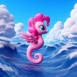 Size: 1024x1024 | Tagged: safe, ai content, derpibooru import, machine learning generated, pinkie pie, seahorse, female, g4, image, jpeg, ocean, prompter:pinkiepiepics, solo, water, wings