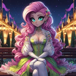 Size: 1024x1024 | Tagged: safe, ai content, derpibooru import, machine learning generated, fluttershy, human, bench, breasts, cleavage, clothes, corset, crossed legs, dress, generator:dall-e 3, gloves, humanized, image, jpeg, palace, sitting, skirt, socks, thigh highs