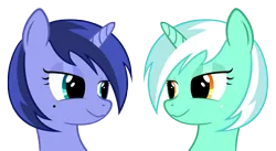 Size: 6540x3585 | Tagged: safe, artist:forsakensharikan, derpibooru import, lyra heartstrings, princess luna, pony, unicorn, :3, alternate hairstyle, duo, duo female, female, g4, image, lidded eyes, looking at each other, looking at someone, mole, palette swap, png, recolor, simple background, transparent background, vector