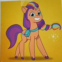 Size: 2018x2018 | Tagged: safe, derpibooru import, screencap, sunny starscout, earth pony, pony, g5, my little pony: tell your tale, bag, cute, cutie mark, image, jpeg, mane stripe sunny, photo, picture of a screen, saddle bag, simple background, sunnybetes, yellow background