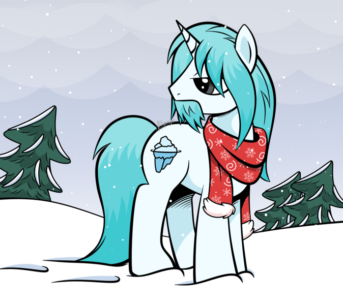 Size: 3048x2715 | Tagged: safe, artist:feather_bloom, derpibooru import, oc, oc:blizzard blitz, pony, unicorn, andy price, clothes, cloud, cloudy, comic style, commission, gradient hair, image, png, scarf, simple shading, snow, snowfall, solo