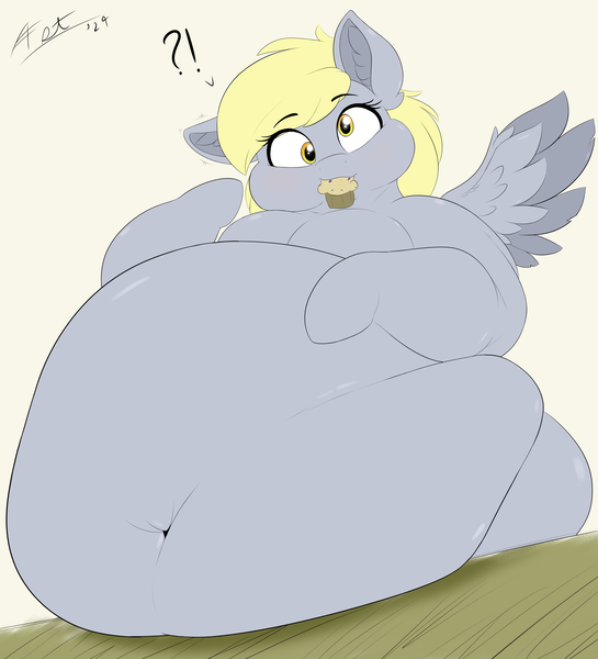 Size: 3000x3300 | Tagged: suggestive, artist:astrum, derpibooru import, derpy hooves, pegasus, pony, aderpose, belly, belly button, big belly, bingo wings, blushing, chubby cheeks, digital art, ear fluff, exclamation point, fat, female, floppy ears, food, g4, high res, huge belly, image, impossibly large belly, interrobang, looking at you, mare, mouth hold, muffin, obese, png, question mark, raised eyebrows, raised hoof, simple background, solo, solo female, spread wings, surprised, table, wide eyes, wide hips, wings