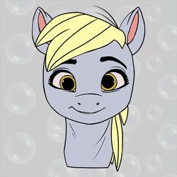 Size: 600x600 | Tagged: safe, artist:wreckham, derpy hooves, pegasus, pony, g5, animated, bust, derp, eyebrows, female, g4, g4 to g5, generation leap, gif, image, mare, simple background, smiling, turnaround