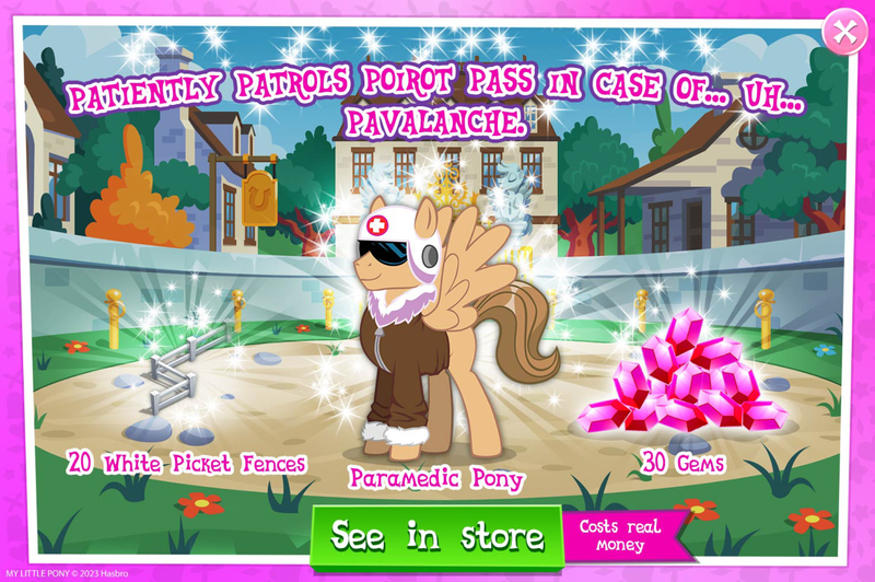 Size: 1956x1300 | Tagged: safe, derpibooru import, idw, official, unnamed character, unnamed pony, pegasus, pony, advertisement, clothes, costs real money, english, fence, g4, gameloft, gem, helmet, idw showified, image, jacket, jpeg, male, mobile game, my little pony: magic princess, numbers, paramedic, sale, solo, solo focus, spread wings, stallion, text, wings