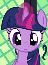 Size: 537x730 | Tagged: safe, derpibooru import, edit, edited screencap, editor:twilyisbestpone, screencap, twilight sparkle, twilight sparkle (alicorn), alicorn, pony, once upon a zeppelin, season 7, cropped, female, g4, glow, glowing horn, horn, image, inverted mouth, magic, magic aura, mare, png, smiling, solo