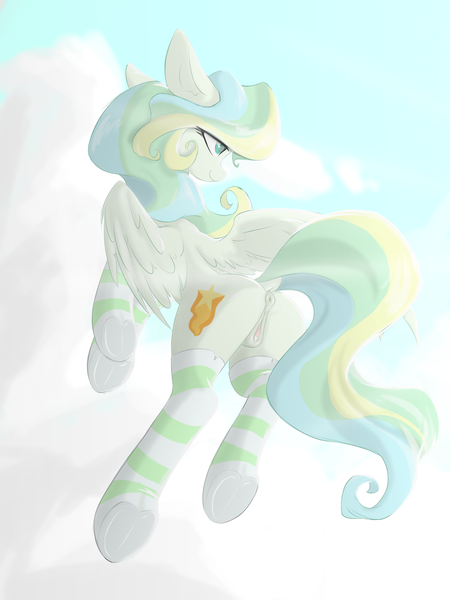 Size: 1900x2533 | Tagged: explicit, artist:cirtierest, derpibooru import, vapor trail, pegasus, pony, anus, butt, clothes, cloud, female, g4, image, mare, nudity, plot, png, socks, stockings, thigh highs, vulva, wings