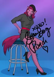 Size: 700x1000 | Tagged: safe, derpibooru import, berry punch, berryshine, anthro, plantigrade anthro, bar stool, beret, blue background, clothes, commission, female, fishnets, gradient background, hat, high heels, image, jpeg, lauren bacall, looking offscreen, pinup, pose, purple background, shadow, shoes, signature, simple background, solo, solo female, starlet