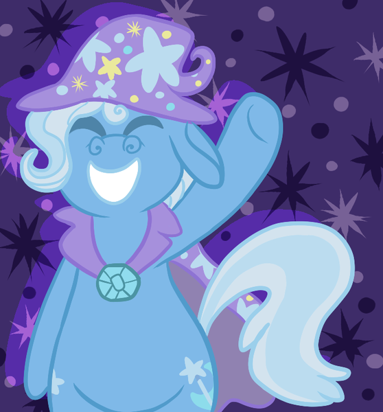 Size: 686x737 | Tagged: safe, artist:tiger-puppy, trixie, pony, unicorn, abstract background, bipedal, cape, clothes, eyes closed, female, hat, image, mare, png, smiling, smiling at you, solo, tail, trixie's cape, trixie's hat, waving at you