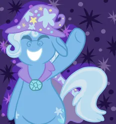 Size: 686x737 | Tagged: safe, artist:tiger-puppy, trixie, pony, unicorn, abstract background, bipedal, cape, clothes, eyes closed, female, hat, image, mare, png, smiling, smiling at you, solo, tail, trixie's cape, trixie's hat, waving at you