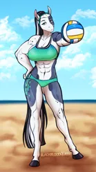 Size: 1796x3239 | Tagged: suggestive, artist:blackblood-queen, derpibooru import, ponerpics import, ponybooru import, oc, oc:clarabelle meadow, unofficial characters only, anthro, earth pony, pony, unguligrade anthro, abs, beach, beach volleyball, big breasts, bikini, breasts, busty oc, clothes, cloud, commission, digital art, earth pony oc, female, image, looking at you, mare, muscles, muscular female, png, ponytail, sand, sky, solo, solo female, sports bra, standing, swimsuit