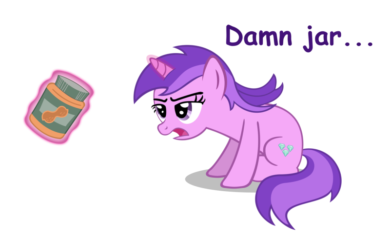 Size: 4877x3000 | Tagged: safe, artist:forsakensharikan, derpibooru import, amethyst star, pony, unicorn, the mysterious mare do well, amethyst star is not amused, annoyed, comic sans, dialogue, female, food, g4, high res, image, magic, magic aura, mare, open mouth, peanut butter, png, shadow, simple background, sitting, solo, talking, telekinesis, text, transparent background, unamused