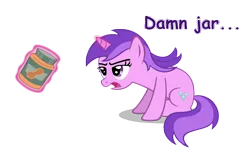 Size: 4877x3000 | Tagged: safe, artist:forsakensharikan, derpibooru import, amethyst star, pony, unicorn, the mysterious mare do well, amethyst star is not amused, annoyed, comic sans, dialogue, female, food, g4, high res, image, magic, magic aura, mare, open mouth, peanut butter, png, shadow, simple background, sitting, solo, talking, telekinesis, text, transparent background, unamused