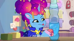 Size: 3072x1727 | Tagged: safe, derpibooru import, screencap, pony, unicorn, g5, my little pony: tell your tale, spoiler:g5, spoiler:my little pony: tell your tale, spoiler:tyts02e02, :p, crystal brighthouse, eyebrows, female, heavy is the mane that wears the fruit crown, image, indonesian, jpeg, mare, misty brightdawn, raised eyebrow, rebirth misty, solo, subtitles, tongue out