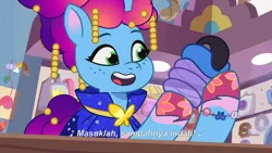 Size: 3072x1727 | Tagged: safe, derpibooru import, screencap, pony, unicorn, g5, my little pony: tell your tale, spoiler:g5, spoiler:my little pony: tell your tale, spoiler:tyts02e02, crystal brighthouse, female, heavy is the mane that wears the fruit crown, image, indonesian, jpeg, mare, misty brightdawn, open mouth, open smile, rebirth misty, smiling, solo, subtitles