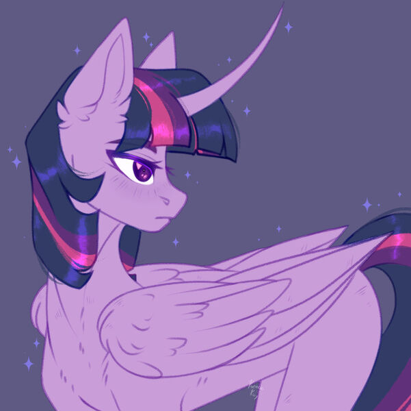 Size: 900x898 | Tagged: safe, artist:lunasariie, derpibooru import, twilight sparkle, twilight sparkle (alicorn), alicorn, pony, curved horn, female, horn, image, jpeg, looking back, mare, purple background, simple background, sparkles