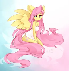 Size: 995x1024 | Tagged: safe, artist:shooshaa, derpibooru import, fluttershy, anthro, pegasus, abstract background, big ears, breasts, busty fluttershy, cleavage, eye clipping through hair, eyebrows, eyebrows visible through hair, female, image, jpeg, kneeling, lidded eyes, solo, spread wings, wings