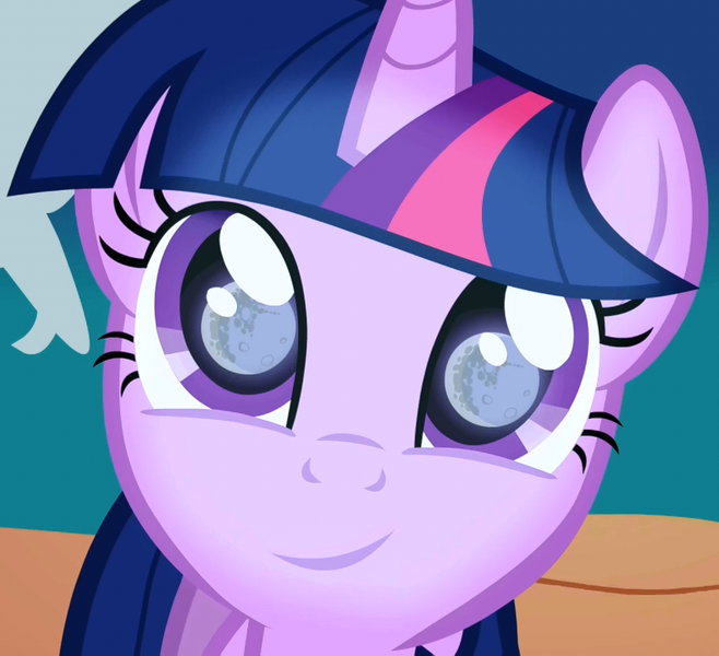 Size: 788x719 | Tagged: safe, derpibooru import, edit, edited screencap, editor:twilyisbestpone, screencap, twilight sparkle, pony, unicorn, friendship is magic, season 1, cropped, eye reflection, female, g4, golden oaks library, image, inverted mouth, library, mare, mare in the moon, moon, png, reflection, smiling, solo, unicorn twilight