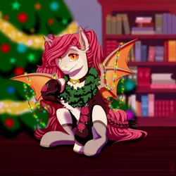 Size: 5000x5000 | Tagged: safe, artist:whatamellon, derpibooru import, oc, unofficial characters only, bat pony, original species, pony, bookshelf, christmas, christmas tree, garland, happy new year, holiday, image, jpeg, solo, tree, wreath