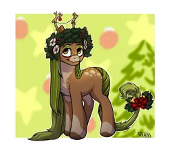 Size: 4500x4000 | Tagged: safe, artist:whatamellon, derpibooru import, oc, unofficial characters only, deer, pony, christmas, christmas tree, full body, happy new year, holiday, image, png, solo, tree, wreath