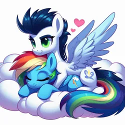 Size: 1024x1024 | Tagged: safe, ai content, derpibooru import, machine learning generated, prompter:*rainbow dash*, rainbow dash, soarin', pony, cloud, cuddling, embrace, female, folded wings, g4, generator:bing image creator, heart, image, jpeg, male, pony on pony action, shipping, simple background, sleeping, smiling, soarindash, spread wings, straight, white background, wings