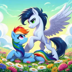 Size: 1024x1024 | Tagged: safe, ai content, derpibooru import, machine learning generated, prompter:*rainbow dash*, rainbow dash, soarin', cloud, cloudy, female, flower, folded wings, g4, generator:bing image creator, image, looking at each other, looking at someone, lying down, male, png, shipping, sky, soarindash, spread wings, straight, wings