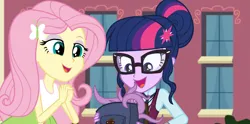 Size: 2151x1071 | Tagged: safe, composite screencap, derpibooru import, edit, edited screencap, screencap, fluttershy, sci-twi, spike, twilight sparkle, human, tentacle monster, equestria girls, friendship games, backpack, bare shoulders, canterlot high, clothes, crystal prep academy uniform, female, g4, glasses, hair bun, hairpin, image, outdoors, png, school uniform, skirt, sleeveless, smiling, tanktop, tentacles