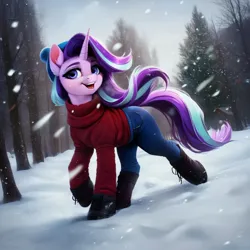 Size: 2048x2048 | Tagged: safe, ai content, derpibooru import, machine learning generated, starlight glimmer, pony, unicorn, beanie, clothes, denim, female, g4, generator:pony diffusion v6 xl, hat, hoof boots, image, jeans, jpeg, looking sideways, mare, open mouth, open smile, outdoors, pants, prompter:siber, smiling, snow, snowfall, solo, sweater, tree, walking, winter
