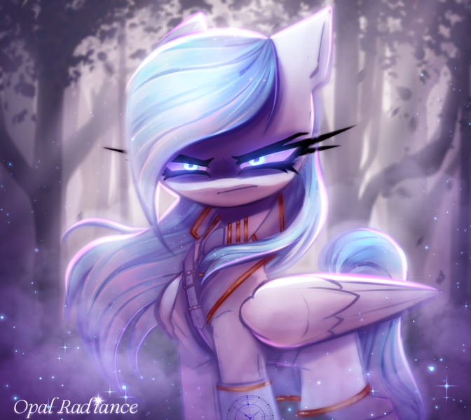 Size: 2940x2626 | Tagged: safe, artist:opal_radiance, derpibooru import, oc, oc:opal rosamond, pegasus, pony, angry, clothes, forest, forest background, glow, glowing eyes, image, png, solo, suit, tree