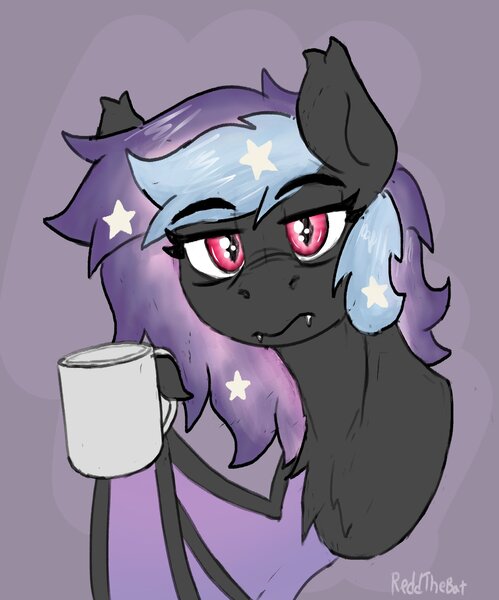 Size: 1354x1629 | Tagged: safe, artist:reddthebat, derpibooru import, oc, bat pony, bat pony oc, bat wings, bust, coffee, coffee mug, ethereal mane, glare, grumpy, holding, image, jpeg, mug, starry mane, tired, unamused, wing hands, wing hold, wings