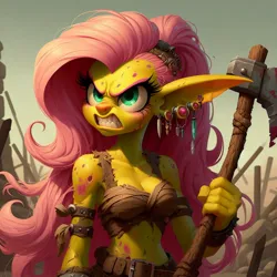 Size: 1024x1024 | Tagged: safe, ai content, derpibooru import, machine learning generated, prompter:morishy1000, fluttershy, goblin, angry, axe, ear piercing, earring, female, g4, generator:dall-e 3, image, jewelry, jpeg, piercing, showing teeth, solo, species swap, weapon