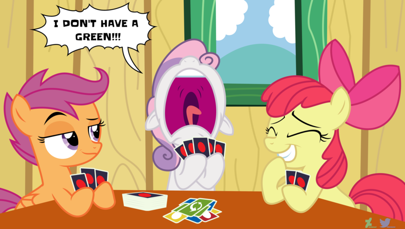 Size: 6600x3749 | Tagged: safe, artist:kuren247, derpibooru import, apple bloom, scootaloo, sweetie belle, earth pony, pegasus, pony, unicorn, background, card, card game, clubhouse, cocky, cutie mark crusaders, deck of cards, female, giggling, image, laughing, ninja, parody, png, screaming, show accurate, smiling, smirk, smug, speech bubble, table, text, treehouse, uno, yelling