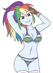 Size: 2095x2900 | Tagged: suggestive, artist:sumin6301, derpibooru import, rainbow dash, human, equestria girls, 2d, arm behind head, armpits, belly button, clothes, female, g4, gloves, image, jpeg, looking at you, midriff, multicolored hair, panties, ponytail, rainbow hair, simple background, smiling, smiling at you, socks, solo, striped bra, striped panties, striped underwear, thigh highs, underwear, white background, wristband